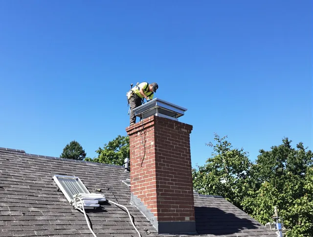 New London Chimney Sweep technician measuring a chimney cap in New London, CT